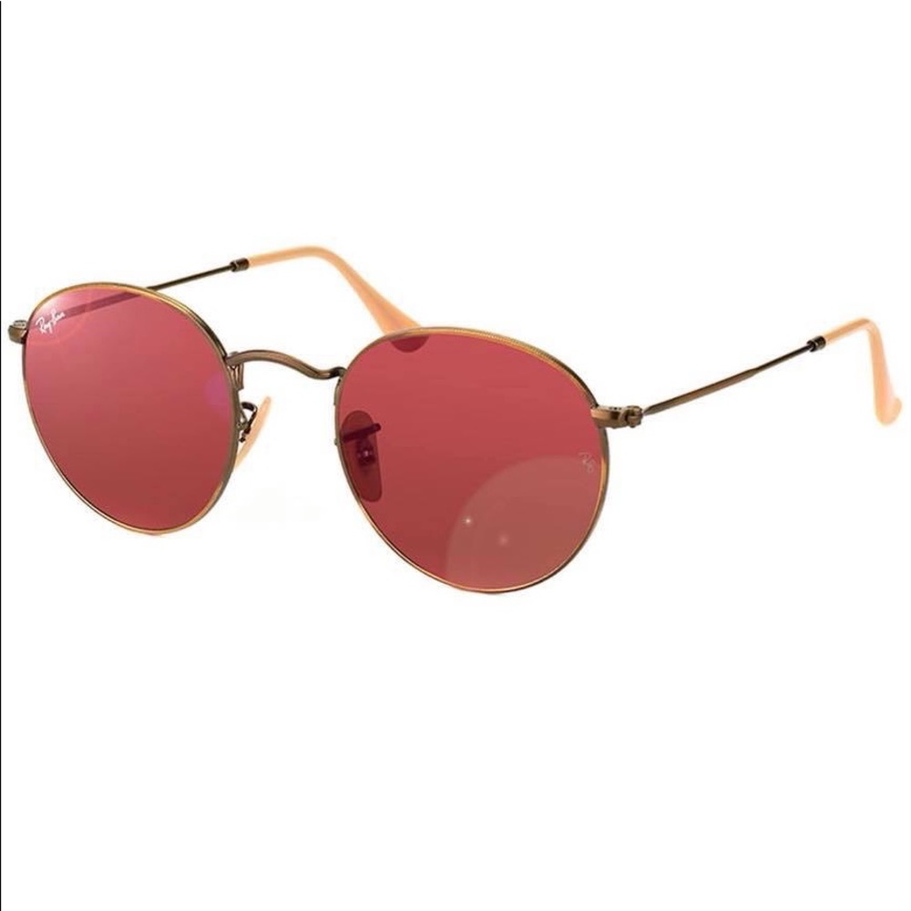 Round copper ray bans with maroon lenses